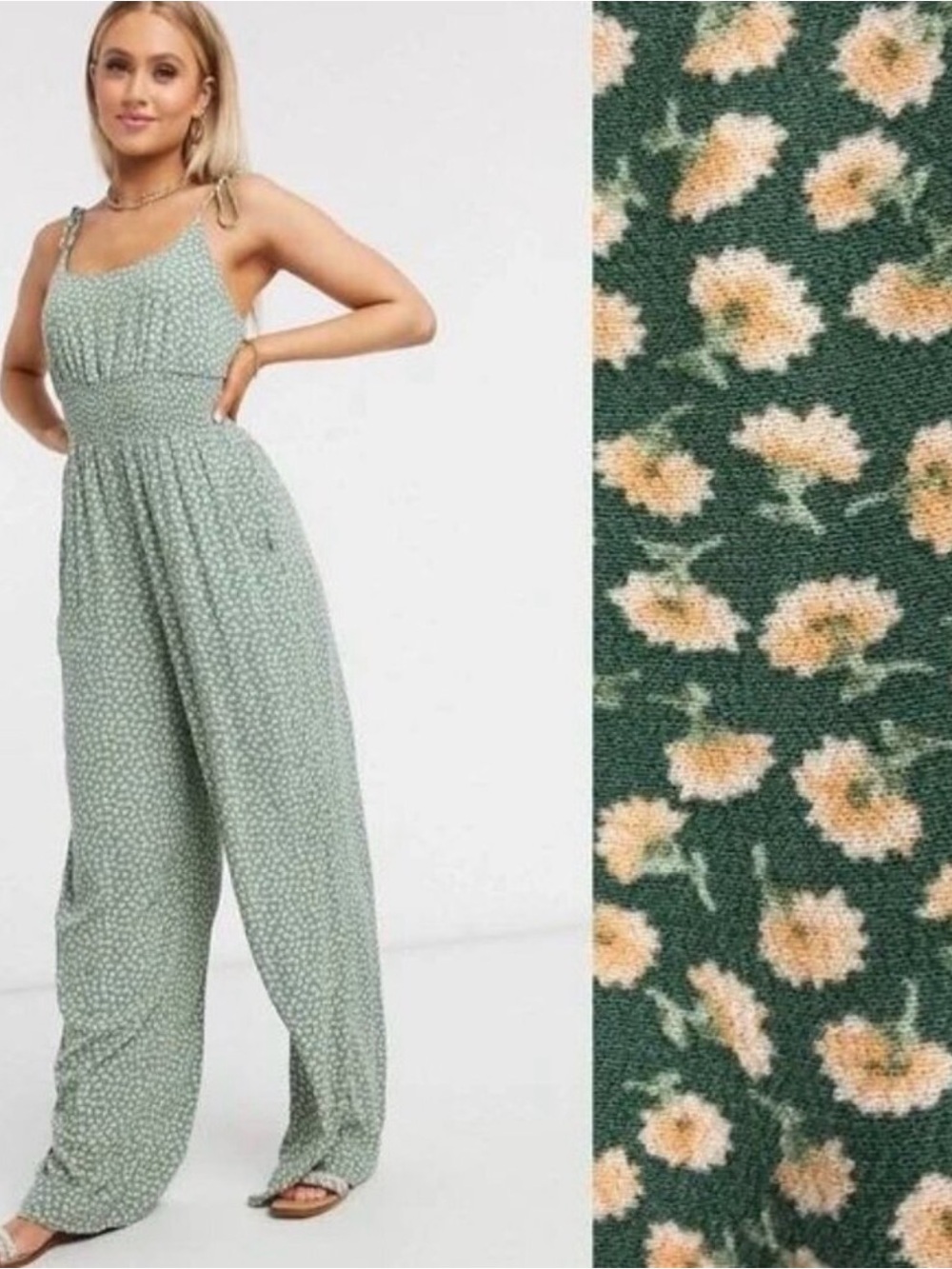 NWT AEO Green Daisy Floral Wide Leg Tie Straps Jumpsuit